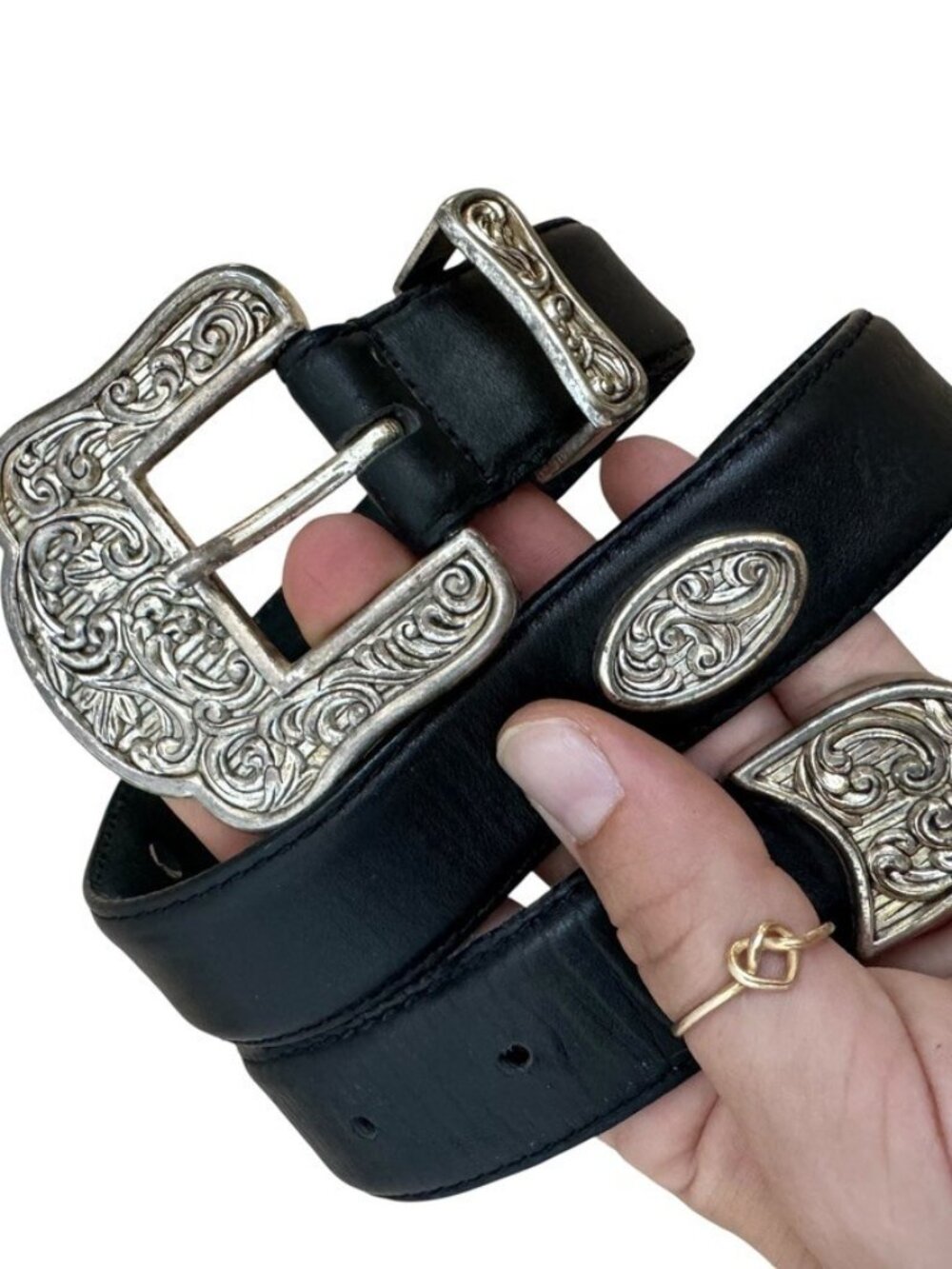 Vintage Donna Katz Black Leather Silver Studded Western Belt Sz S